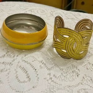 Lot of 2 Vintage Chunky Yellow Interlocking Cuff Bangle; Orange-Yellow Bangle